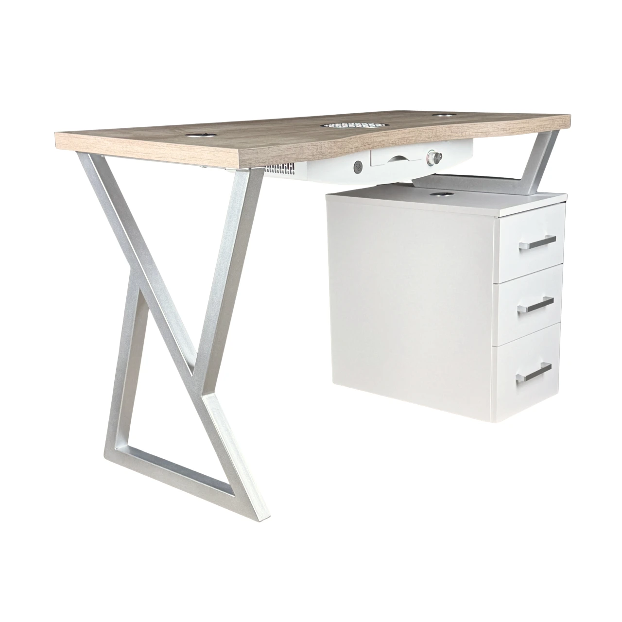 biurko manicure z drewnianym blatem widok bok srebrna noga i uchwyty