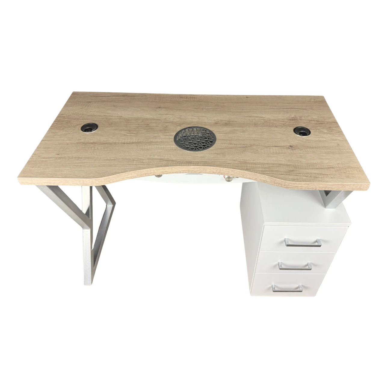 biurko manicure z drewnianym blatem widok z otwartymi widok z góry na blat i otwór na pochłaniacz