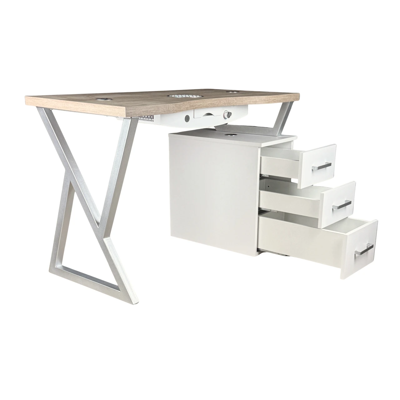 biurko manicure z drewnianym blatem widok z otwartymi szufladami srebrne uchwyty i dodatki