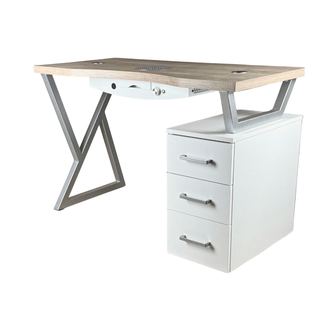 biurko manicure z drewnianym blatem widok z boku