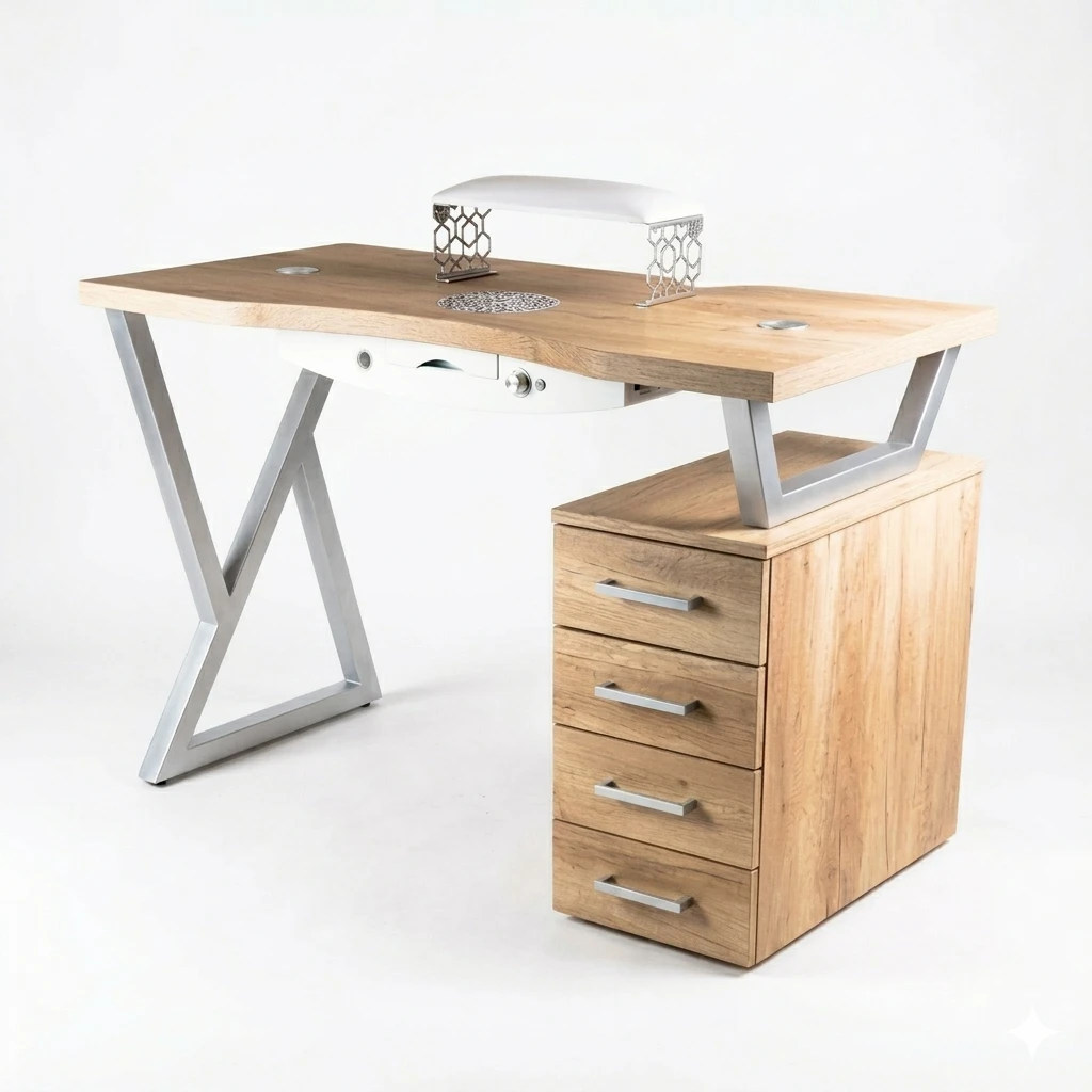 biurko kosmetyczne drewniane ze srebrnymi dodatkami