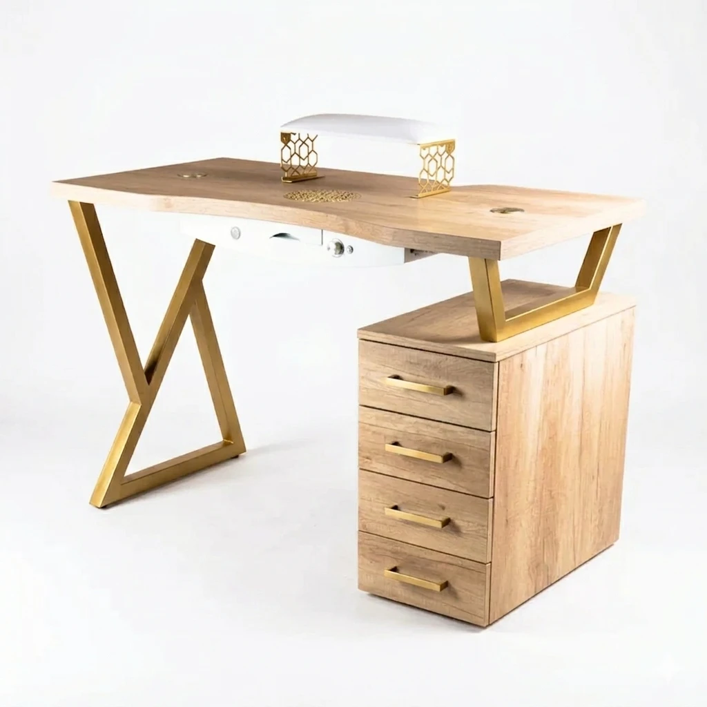 biurko drewniane ze złotymi dodatkami