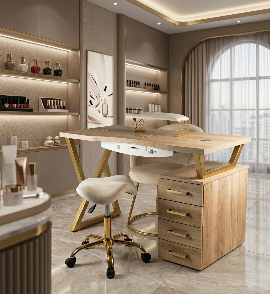 biurko kosmetyczne drewniane ze złotymi dodatkami