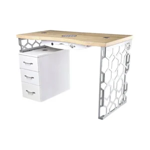 biurko kosmetyczne srebrne z drewnianym blatem