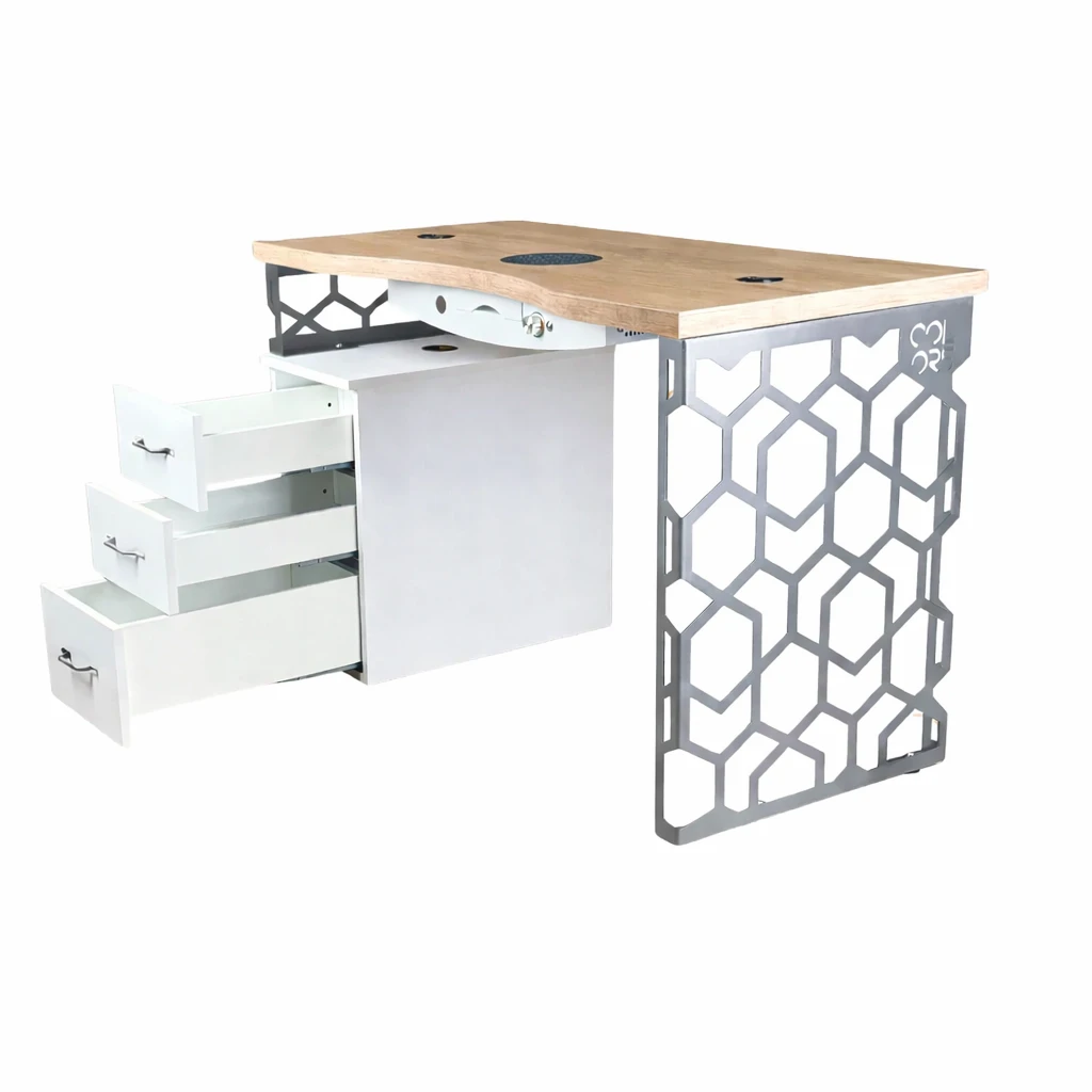 biurko kosmetyczne srebrne z drewnianym blatem pochłaniaczem pyłu colors beauty i szufladami