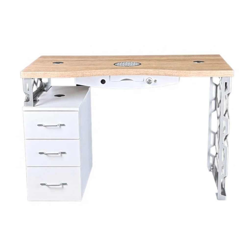 biurko kosmetyczne srebrne z drewnianym blatem pochłaniaczem pyłu colors beauty