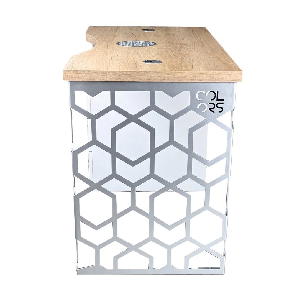 biurko kosmetyczne srebrne z drewnianym blatem pochłaniaczem pyłu