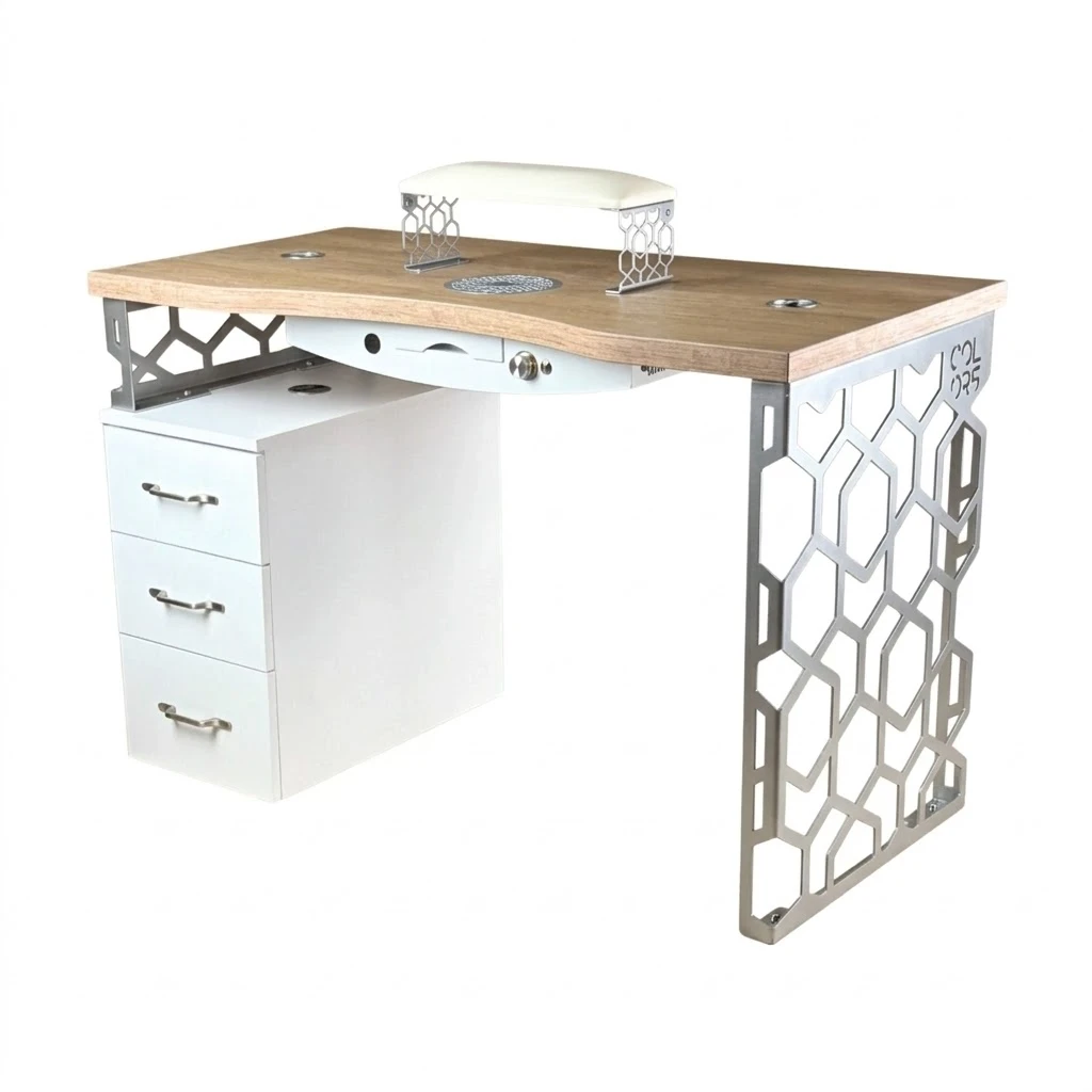 biurko kosmetyczne srebrne z drewnianym blatem pochłaniaczem