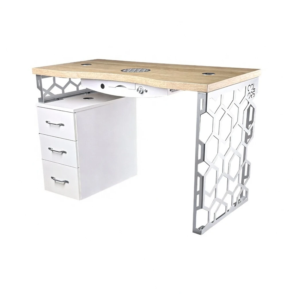 biurko kosmetyczne srebrne z drewnianym blatem